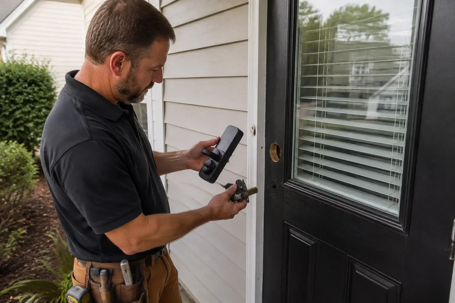 Person holding a black door-handle assembly and a latch beside a glazed door with exposed lock openings. — Smart Lock Installation, Woodstock