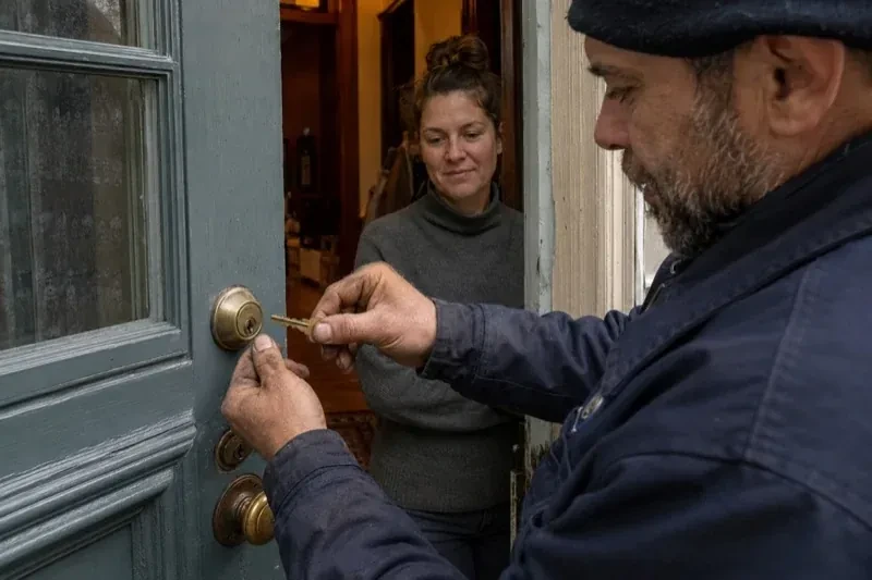 Person holding a key beside a brass-colored deadbolt on an open painted door while another person watches from inside. — Home Lockout Service, Woodstock