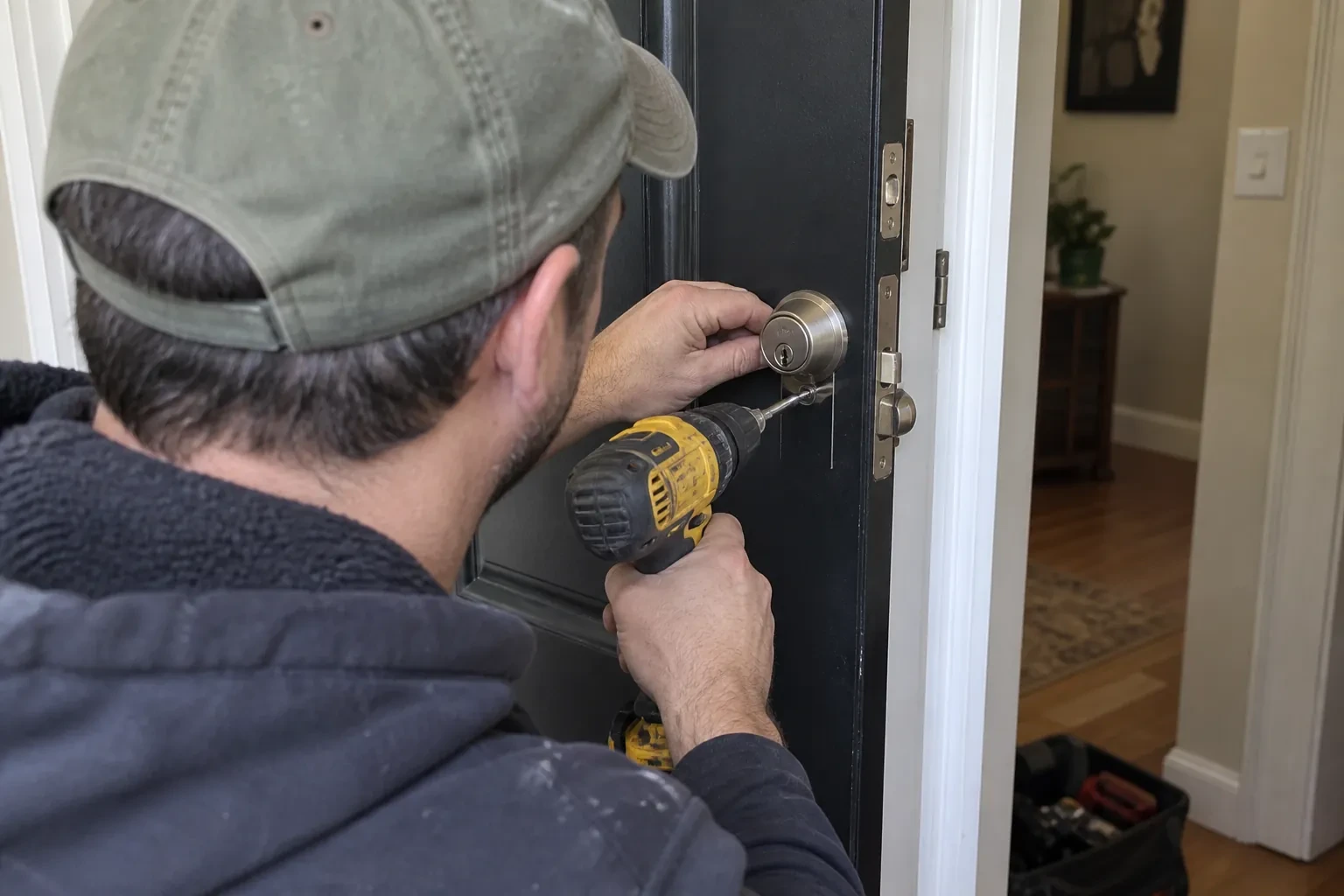 Person in a green cap holding a brushed-metal deadbolt against a dark door while a yellow drill rests below it. — Woodstock