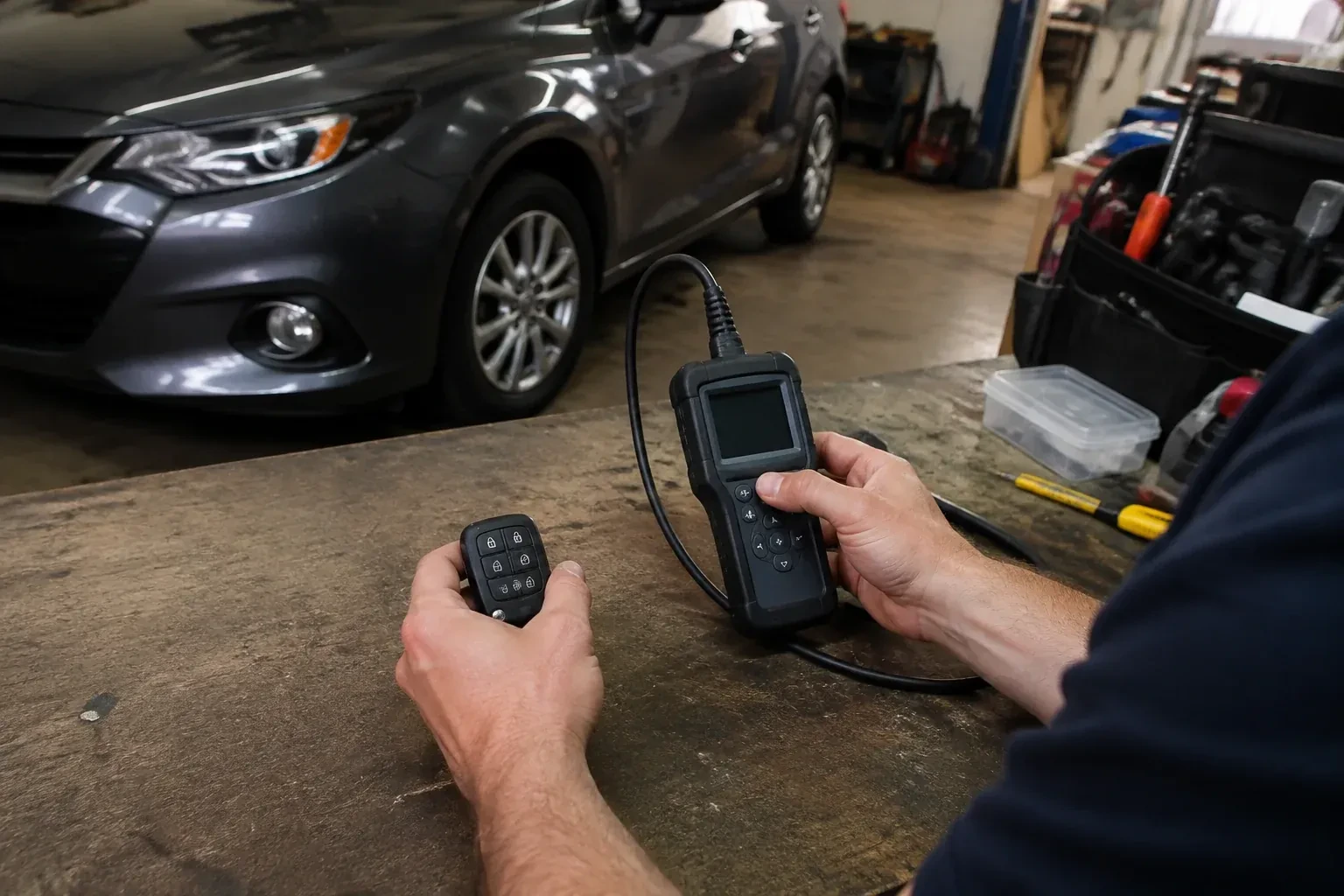Hands holding a car-key fob and a small wired electronic device above a workbench in a garage with a parked car. — Key Fob Programming, Woodstock