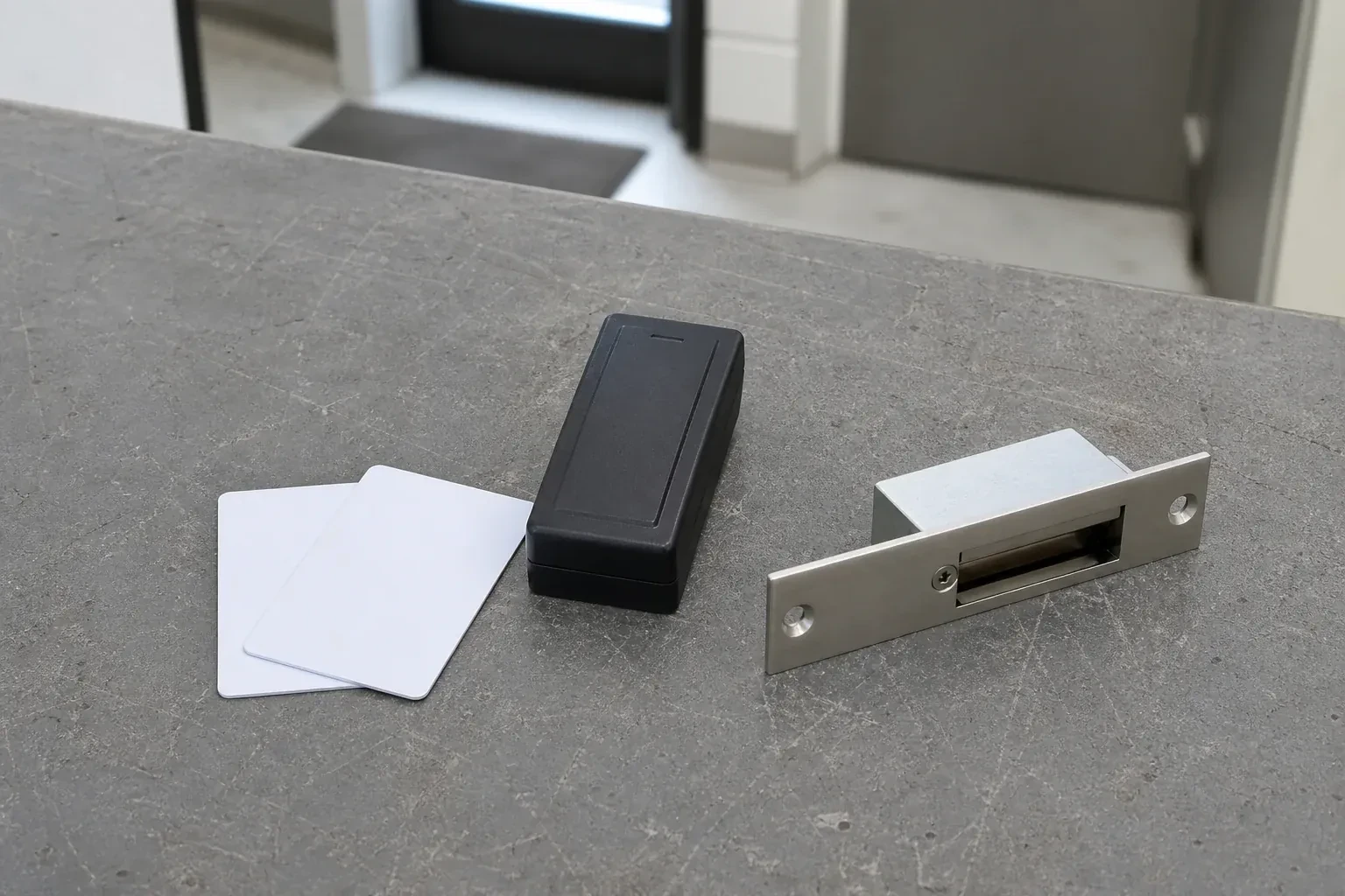 Detached card reader, two plain cards and an electric-strike component on a service bench. — Access Control Installation, Woodstock