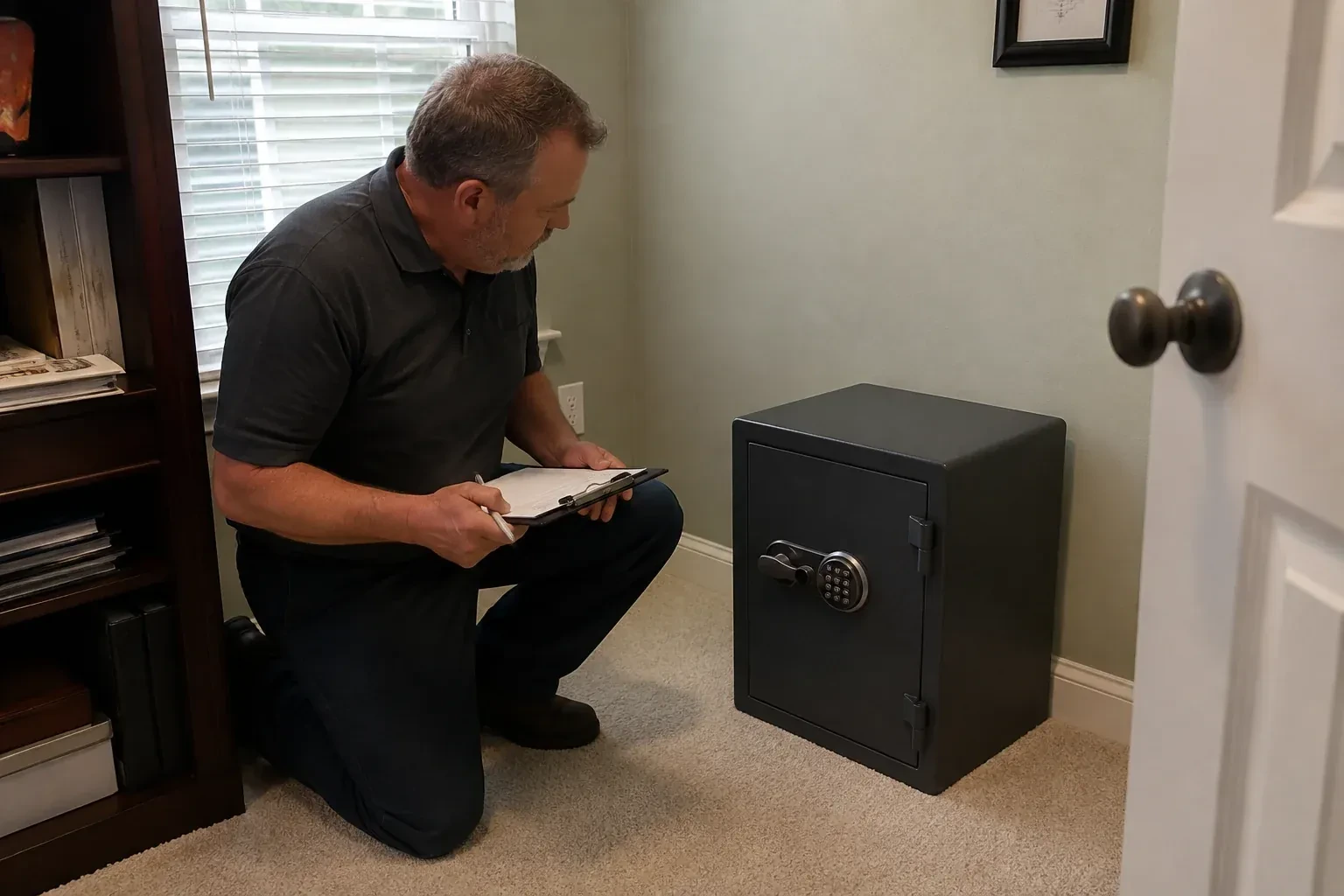 Person holding a clipboard beside a closed black safe with a circular keypad in a carpeted room. — Safe Installation & Servicing, Woodstock