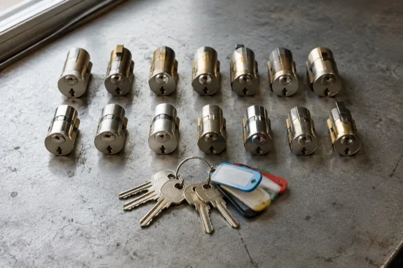 Two rows of lock cylinders on a metal surface with keys and colored key tags in front. — Master Key System Design, Woodstock