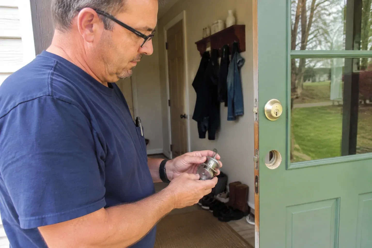 Person holding a cylindrical door-lock assembly beside an open green glazed door with its lower lock opening exposed. — Seized & Jammed Lock Opening, Woodstock
