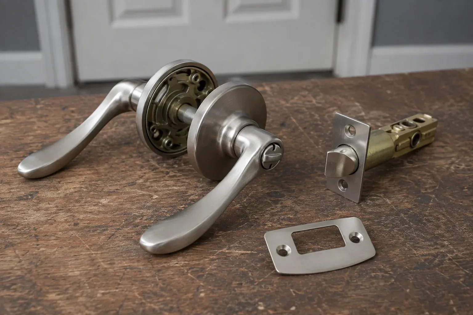 Detached satin-nickel lever hardware, tubular latch and strike plate on a wooden workbench. — Lock Replacement & Upgrade, Woodstock