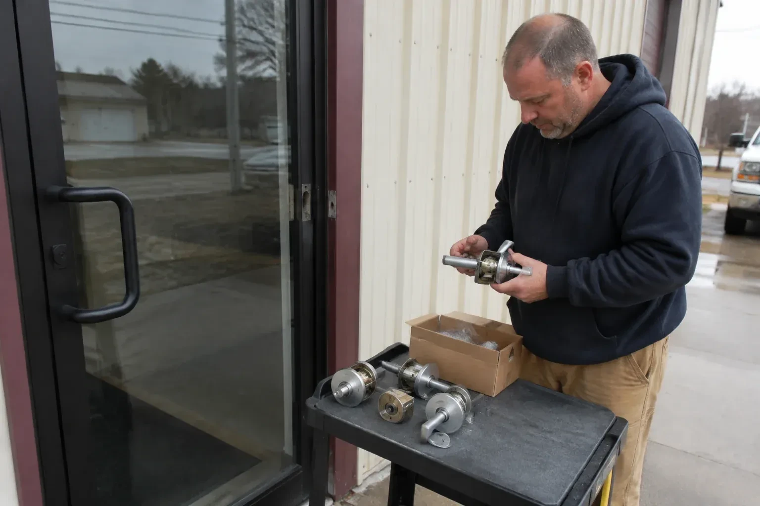 Person holding a door-handle assembly beside a glazed entrance, with more handle and lock components on a cart. — Commercial-Grade Lock Replacement, Woodstock