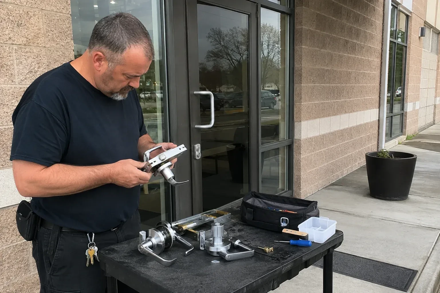 Person holding a door-handle and latch assembly at a worktable outside a glass entrance, with additional handles and tools laid out. — Commercial Rekeying, Woodstock