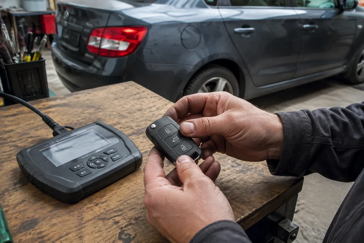 Hands holding a black car key fob above a workbench, beside a wired handheld device with a screen. — Car Key Replacement, Woodstock