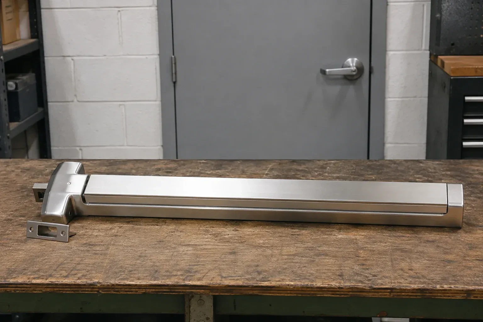 Detached horizontal exit device and separate strike component on a workshop bench. — Panic & Exit Hardware, Woodstock
