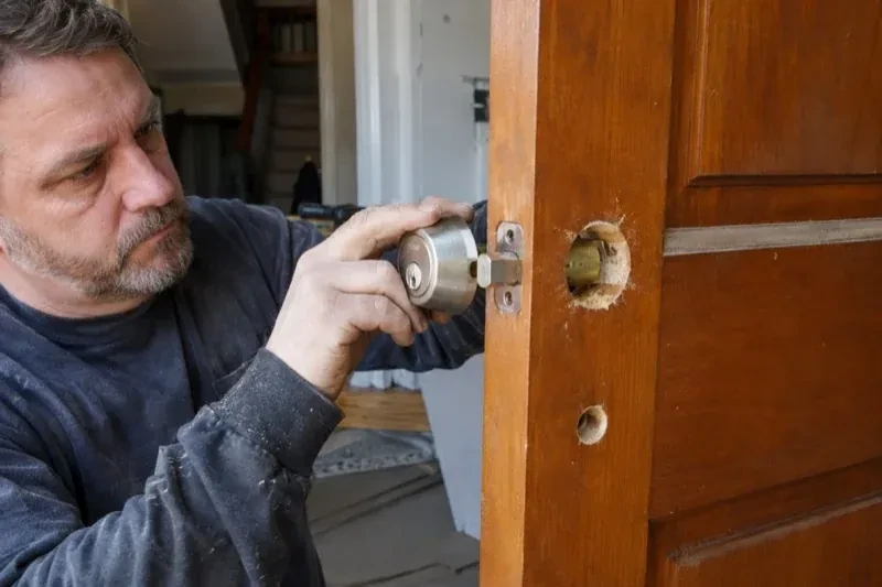 Person holding a silver-colored lock beside an open wooden door with exposed circular holes and a latch at its edge. — Deadbolt Installation, Woodstock