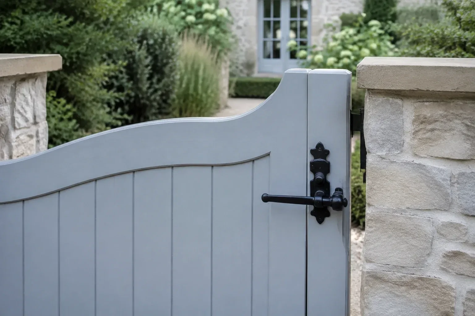 Pale blue garden gate with a black lever latch between light stone pillars. — Gate & Building Entry Locks, Woodstock