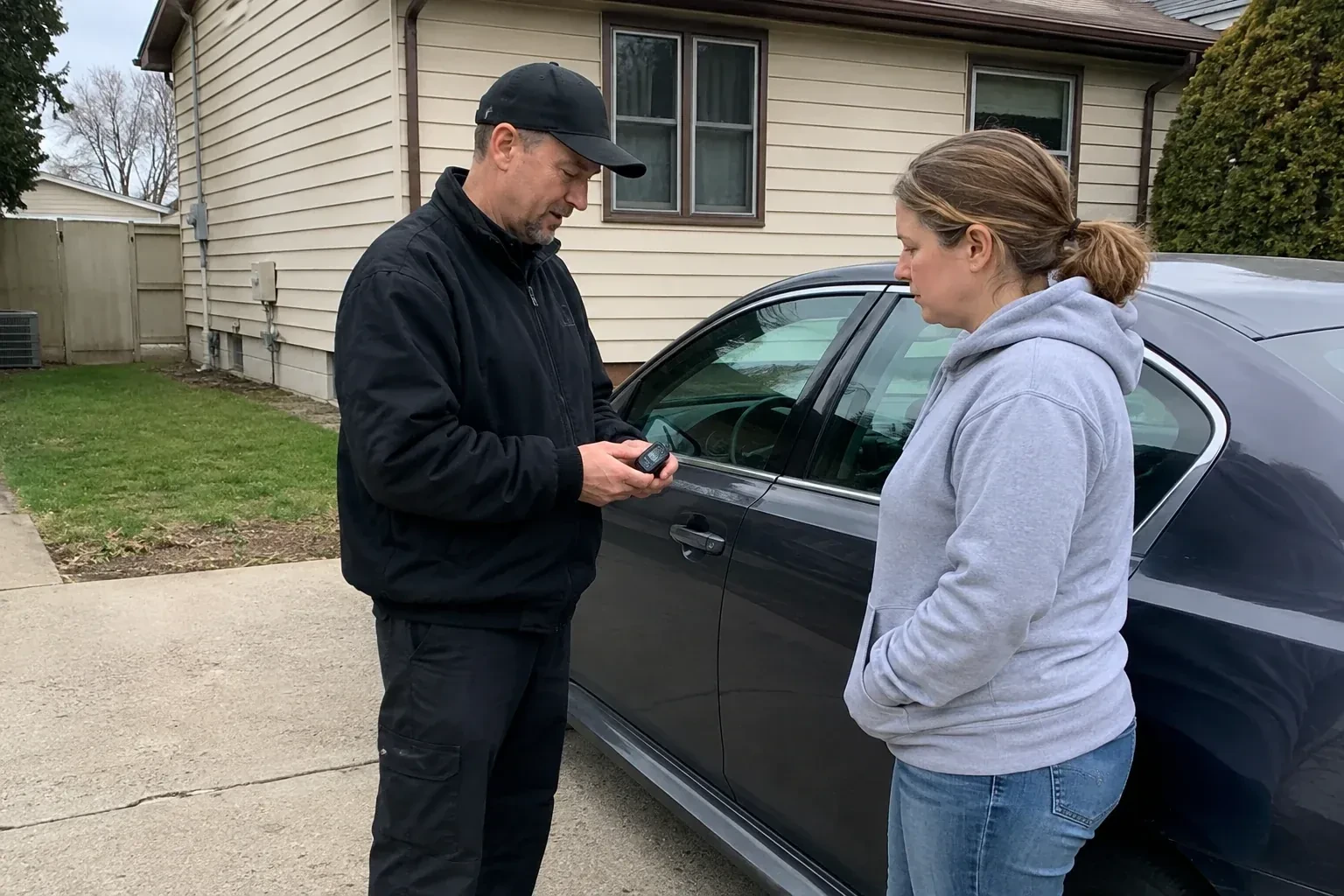 Two people standing beside a parked sedan, one wearing a cap and holding a small black device. — Vehicle Lock Repair, Woodstock