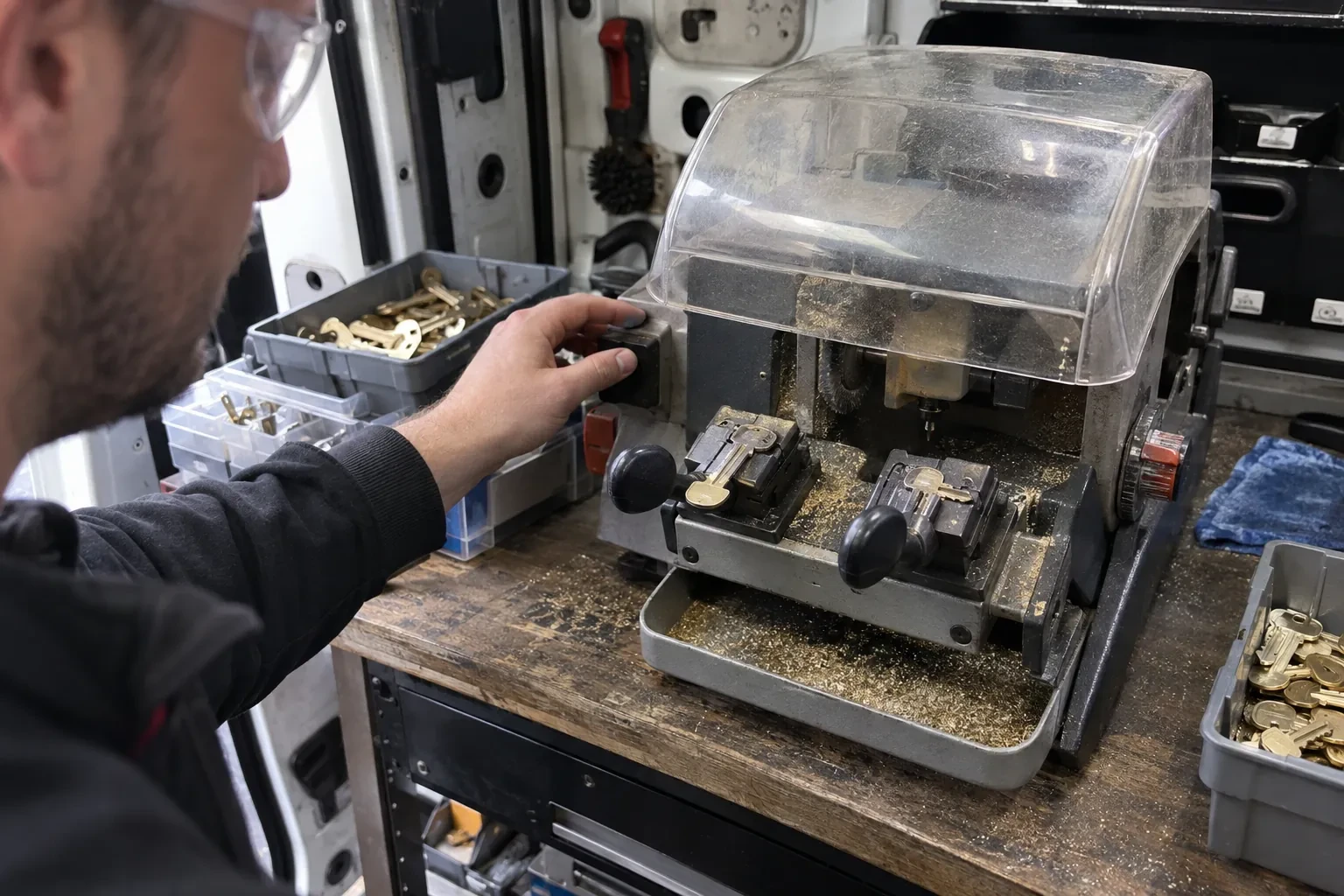 Person in safety glasses reaching for a key-cutting machine with a clear cover, beside trays of brass key blanks. — Spare Car Key Duplication, Woodstock