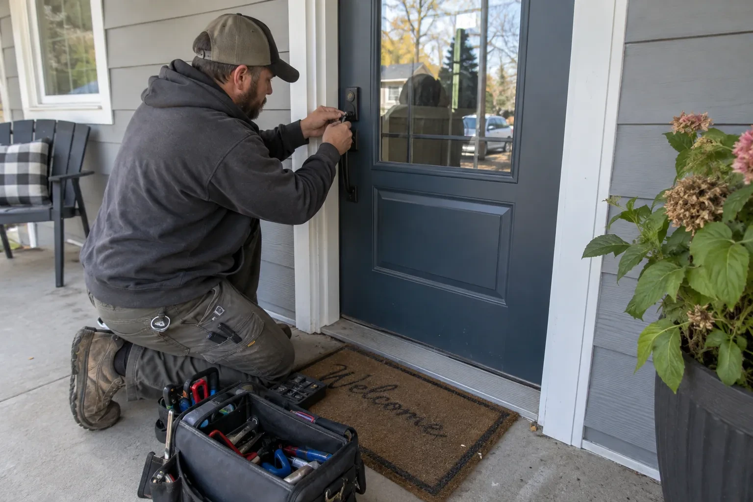 Technician kneeling on a porch at a navy blue front door, working on a black handle set beside an open tool bag.