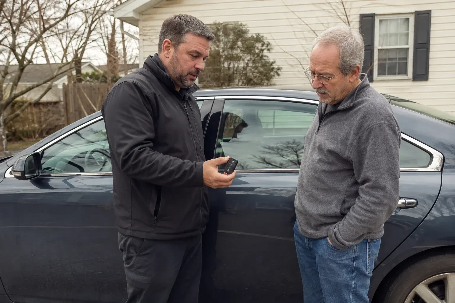 Two people beside a dark sedan, one holding up a black key fob. — Car Lockout Service, Woodstock