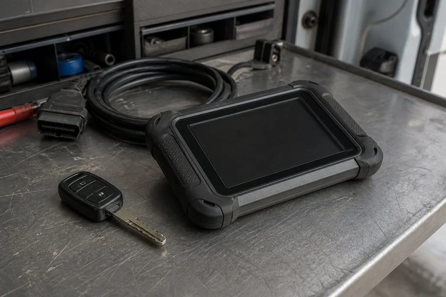Vehicle key beside a dark diagnostic tablet and coiled connector cable on a workbench. — Transponder Key Programming, Woodstock