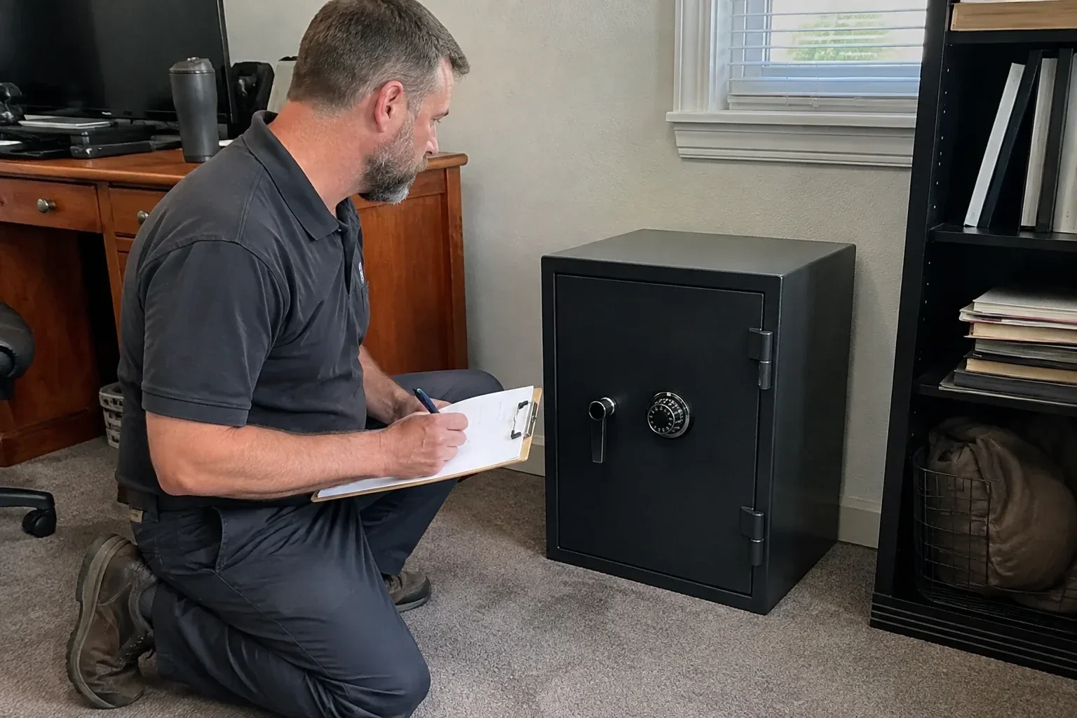 Person writing on a clipboard while kneeling beside a closed black safe with a numbered combination dial in a home office. — Safe Opening & Combination Change, Woodstock